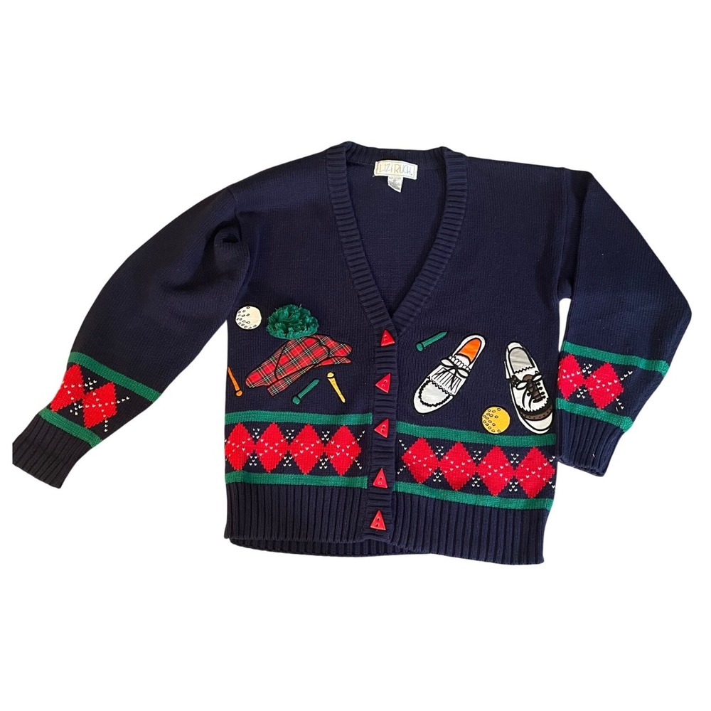 Vintage Novelty Cardigan Golf Theme Navy Blue Argyle Cotton Lizi Ruch Small